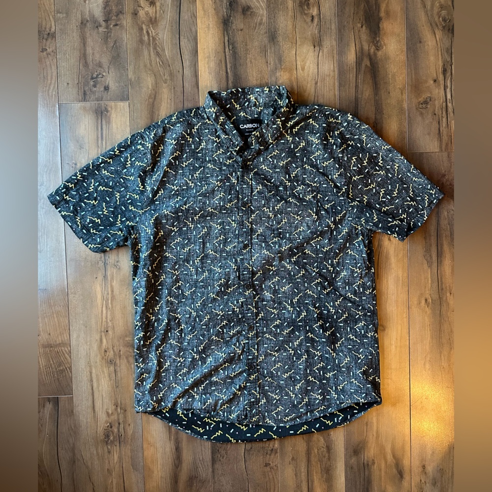 Carbon Retro Print Button Up Shirt XL 90s Abstract Short Sleeve
